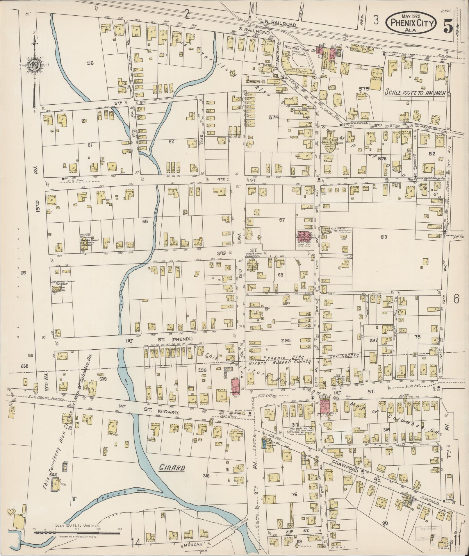 Sanborn Fire Insurance Map from Phenix City, Lee And Russell Counties, Alabama (1922), Sheet #0005 - Complete Map Set gallery image, historic Sanborn map, vintage wall art, Alabama Alabama