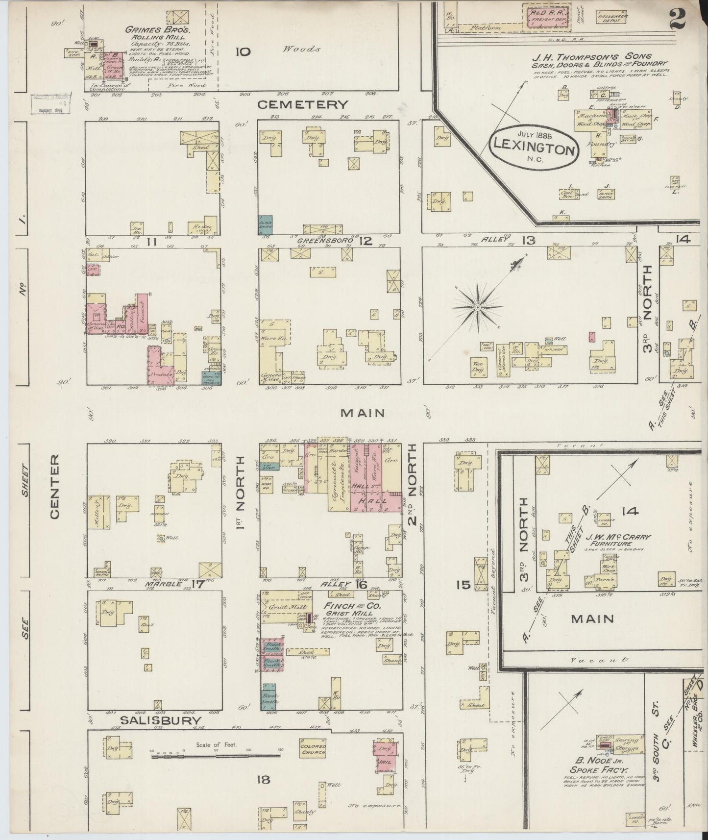 Sanborn Fire Insurance Map from Lexington, Davidson County, North Carolina (1885), Sheet #0002 - Complete Map Set gallery image, historic Sanborn map, vintage wall art, North Carolina North Carolina