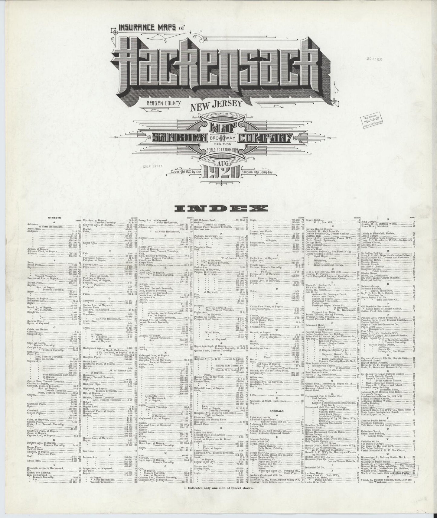 Sanborn Fire Insurance Map from Hackensack, Bergen County, New Jersey. (1920) – Historic Sanborn Fire Insurance Map Print