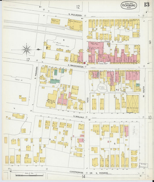 Sanborn Fire Insurance Map from Vicksburg, Warren County, Mississippi (1902), Sheet #0013 - Historic Sanborn Fire Insurance Map Print, vintage old map wall art, antique decor, genealogy gift, Mississippi Mississippi map