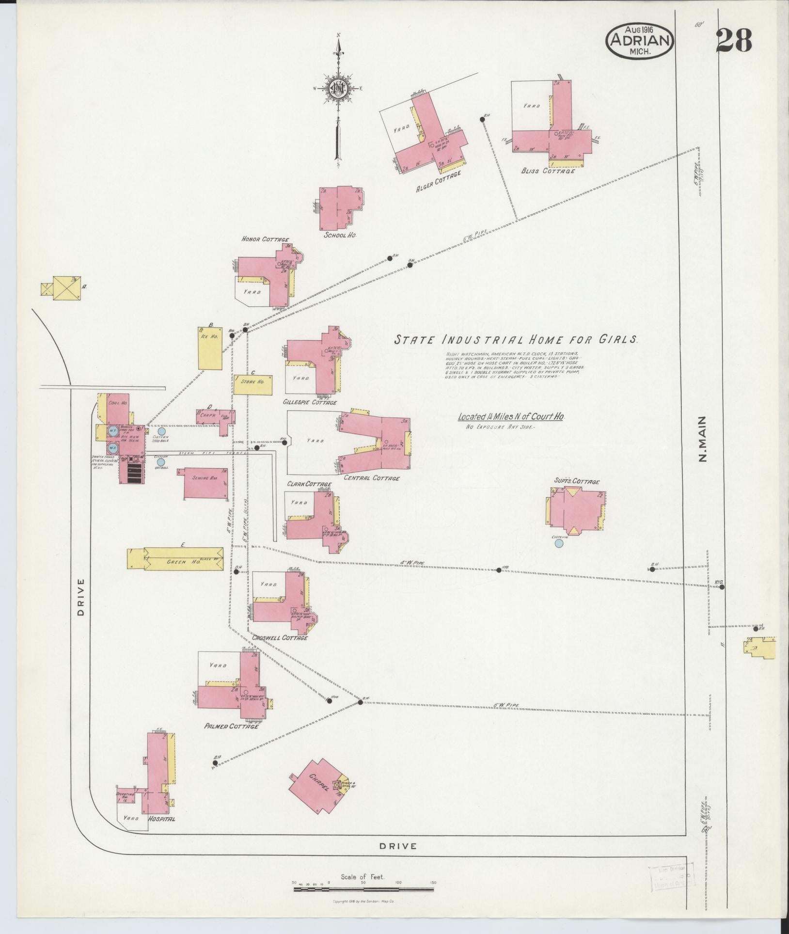 Sanborn Fire Insurance Map from Adrian, Lenawee County, Michigan (1916), Sheet #0028 - Complete Map Set gallery image, historic Sanborn map, vintage wall art, Michigan Michigan