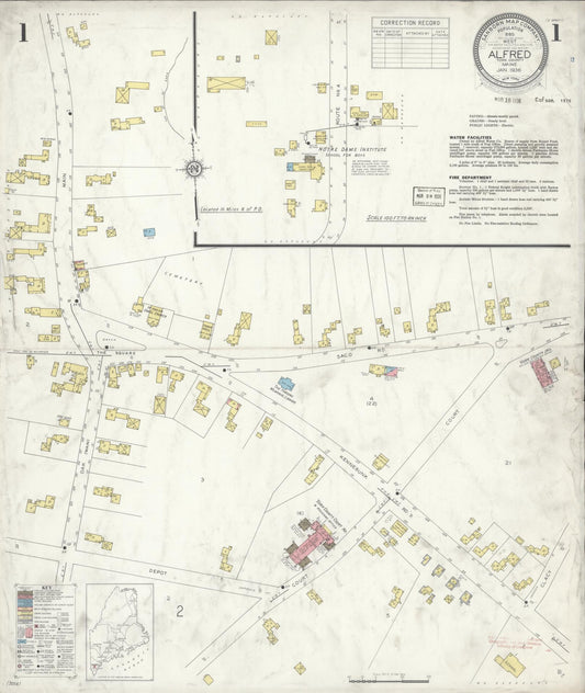 Sanborn Fire Insurance Map from Alfred, York County, Maine (1936), Sheet #0001 - Historic Sanborn Fire Insurance Map Print, vintage old map wall art, antique decor, genealogy gift, Maine Maine map