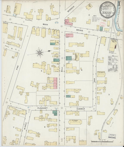 Sanborn Fire Insurance Map from Orono, Penobscot County, Maine (1895), Sheet #0001 - Complete Map Set gallery image, historic Sanborn map, vintage wall art, Maine Maine