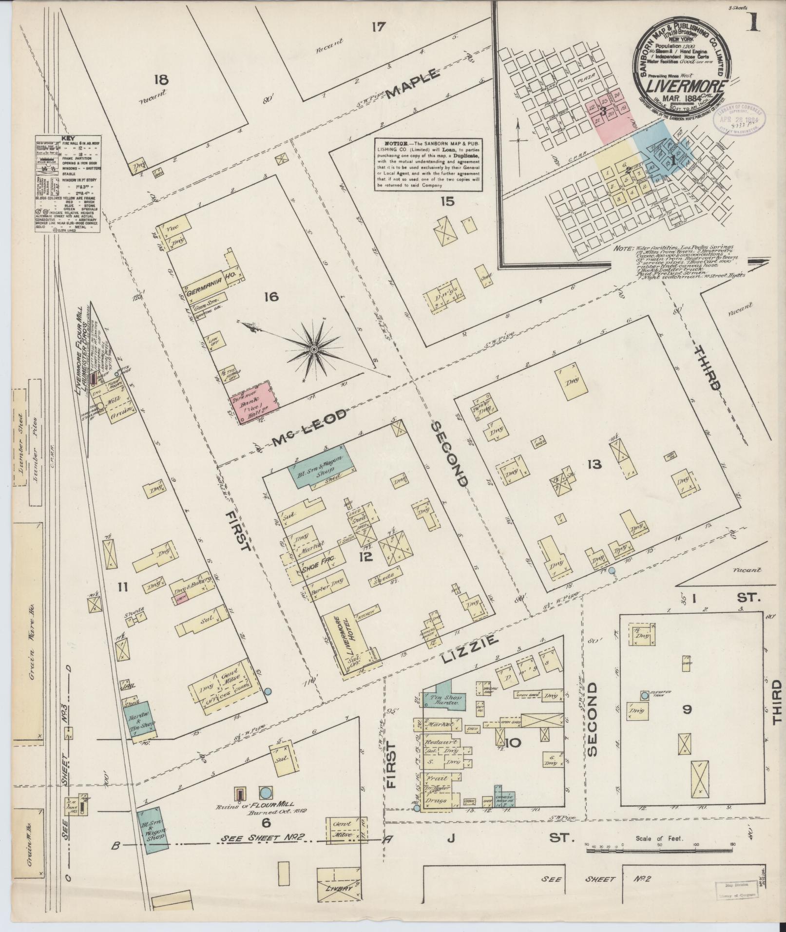 Sanborn Fire Insurance Map from Livermore, Alameda County, California (1884), Sheet #0001 - Historic Sanborn Fire Insurance Map Print, vintage old map wall art, antique decor, genealogy gift, California California map