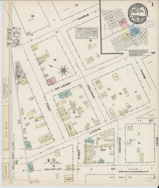 Sanborn Fire Insurance Map from Livermore, Alameda County, California (1884), Sheet #0001 - Historic Sanborn Fire Insurance Map Print, vintage old map wall art, antique decor, genealogy gift, California California map