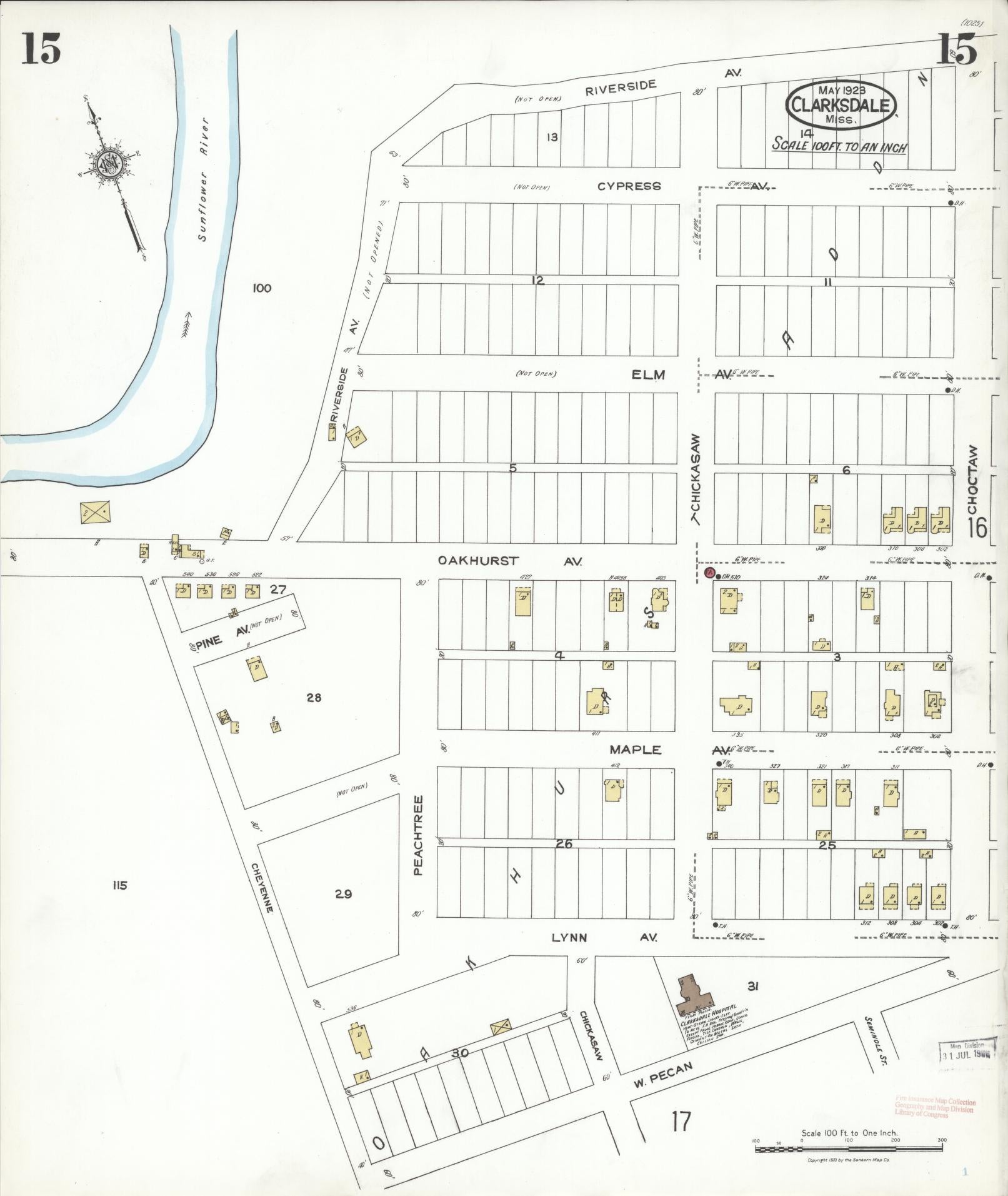 Sanborn Fire Insurance Map from Clarksdale, Coahoma County, Mississippi (1923), Sheet #0015 - Complete Map Set gallery image, historic Sanborn map, vintage wall art, Mississippi Mississippi