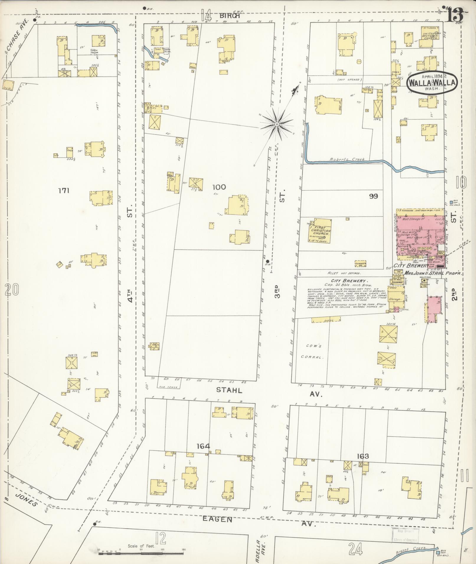 Sanborn Fire Insurance Map from Walla Walla, Walla Walla County, Washington (1894), Sheet #0013 - Historic Sanborn Fire Insurance Map Print, vintage old map wall art, antique decor, genealogy gift, Washington Washington map