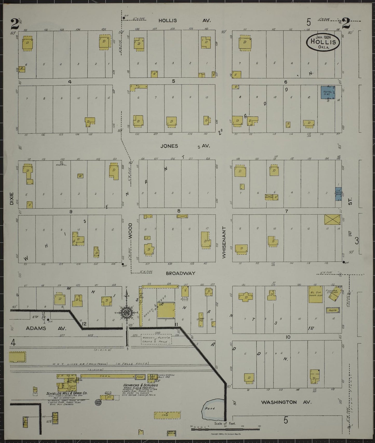 Sanborn Fire Insurance Map from Hollis, Harmon County, Oklahoma (1924), Sheet #0002 - Historic Sanborn Fire Insurance Map Print, vintage old map wall art, antique decor, genealogy gift, Oklahoma Oklahoma map