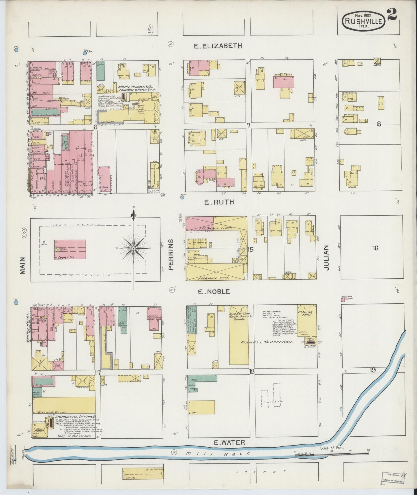 Sanborn Fire Insurance Map from Rushville, Rush County, Indiana (1892), Sheet #0002 - Historic Sanborn Fire Insurance Map Print, vintage old map wall art, antique decor, genealogy gift, Indiana Indiana map