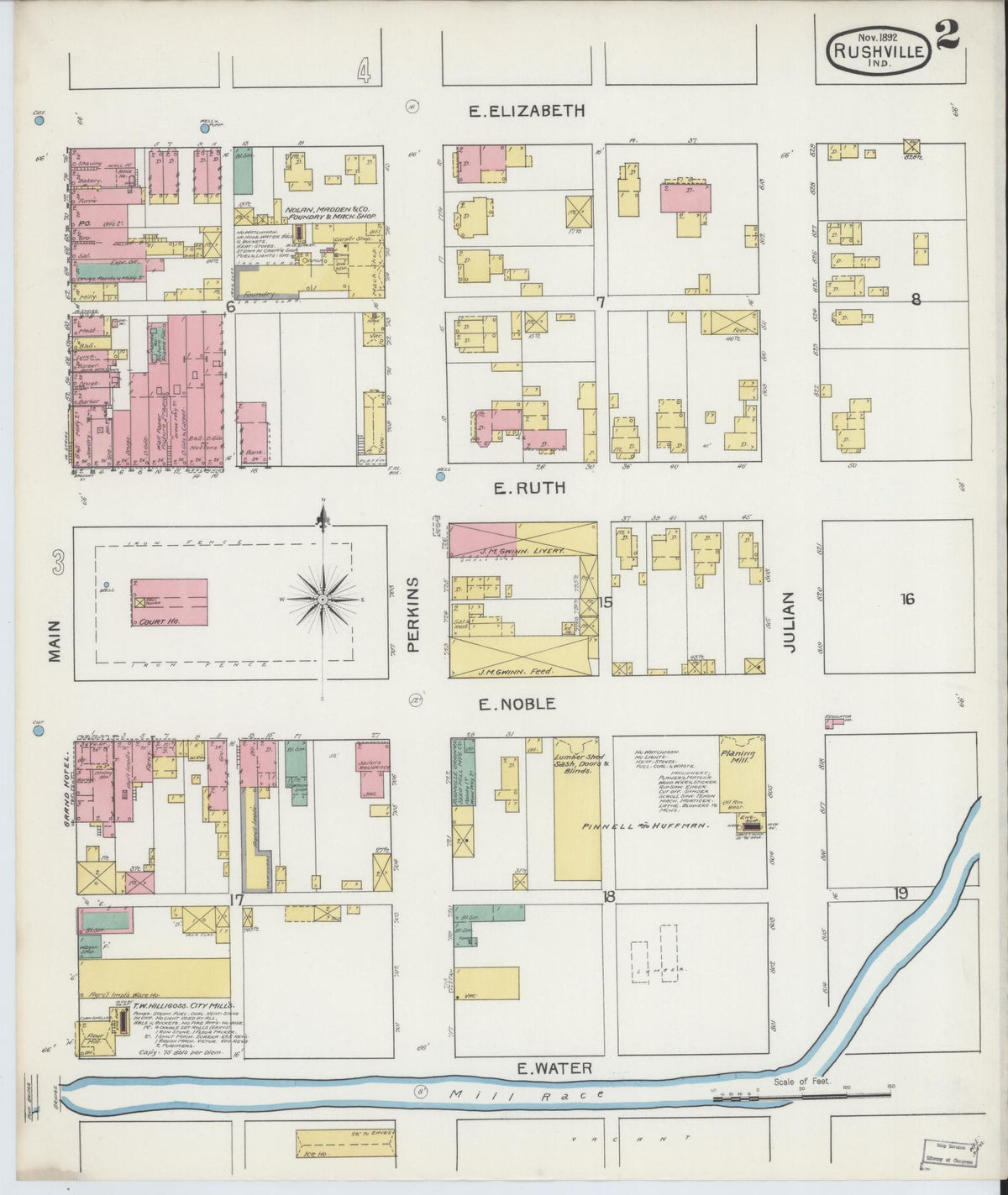 Sanborn Fire Insurance Map from Rushville, Rush County, Indiana (1892), Sheet #0002 - Historic Sanborn Fire Insurance Map Print, vintage old map wall art, antique decor, genealogy gift, Indiana Indiana map