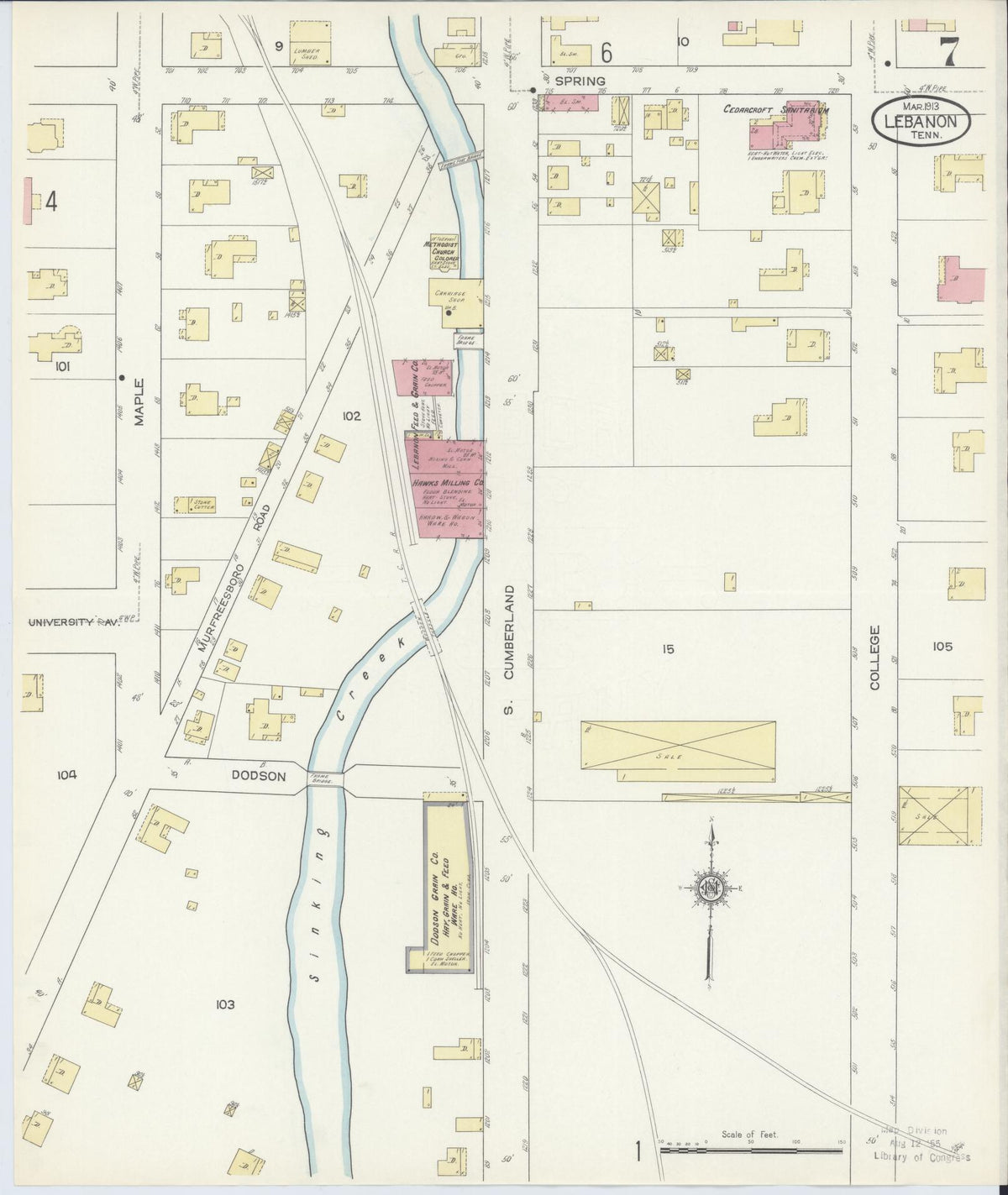 Sanborn Fire Insurance Map from Lebanon, Wilson County, Tennessee (1913), Sheet #0007 - Historic Sanborn Fire Insurance Map Print, vintage old map wall art, antique decor, genealogy gift, Tennessee Tennessee map