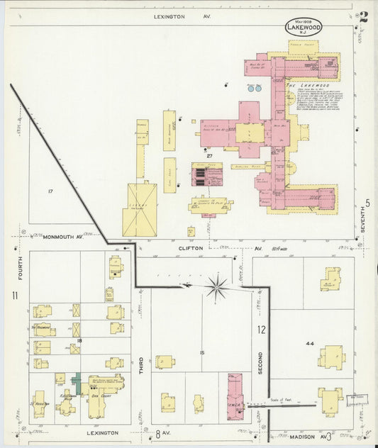 Sanborn Fire Insurance Map from Lakewood, Ocean County, New Jersey (1909), Sheet #0002 - Historic Sanborn Fire Insurance Map Print, vintage old map wall art, antique decor, genealogy gift, New Jersey New Jersey map