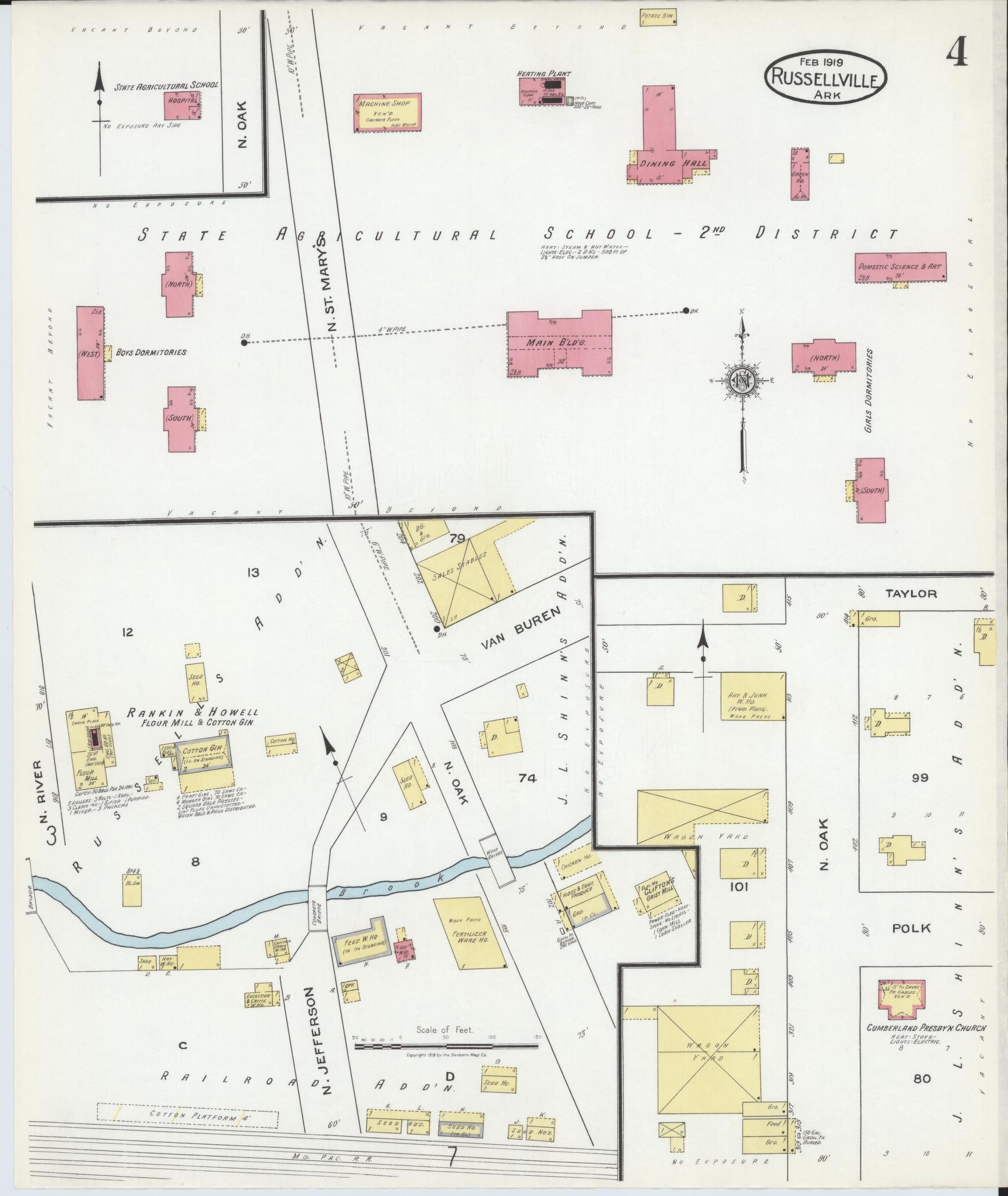 Sanborn Fire Insurance Map from Russellville, Pope County, Arkansas (1919), Sheet #0004 - Historic Sanborn Fire Insurance Map Print, vintage old map wall art, antique decor, genealogy gift, Arkansas Arkansas map