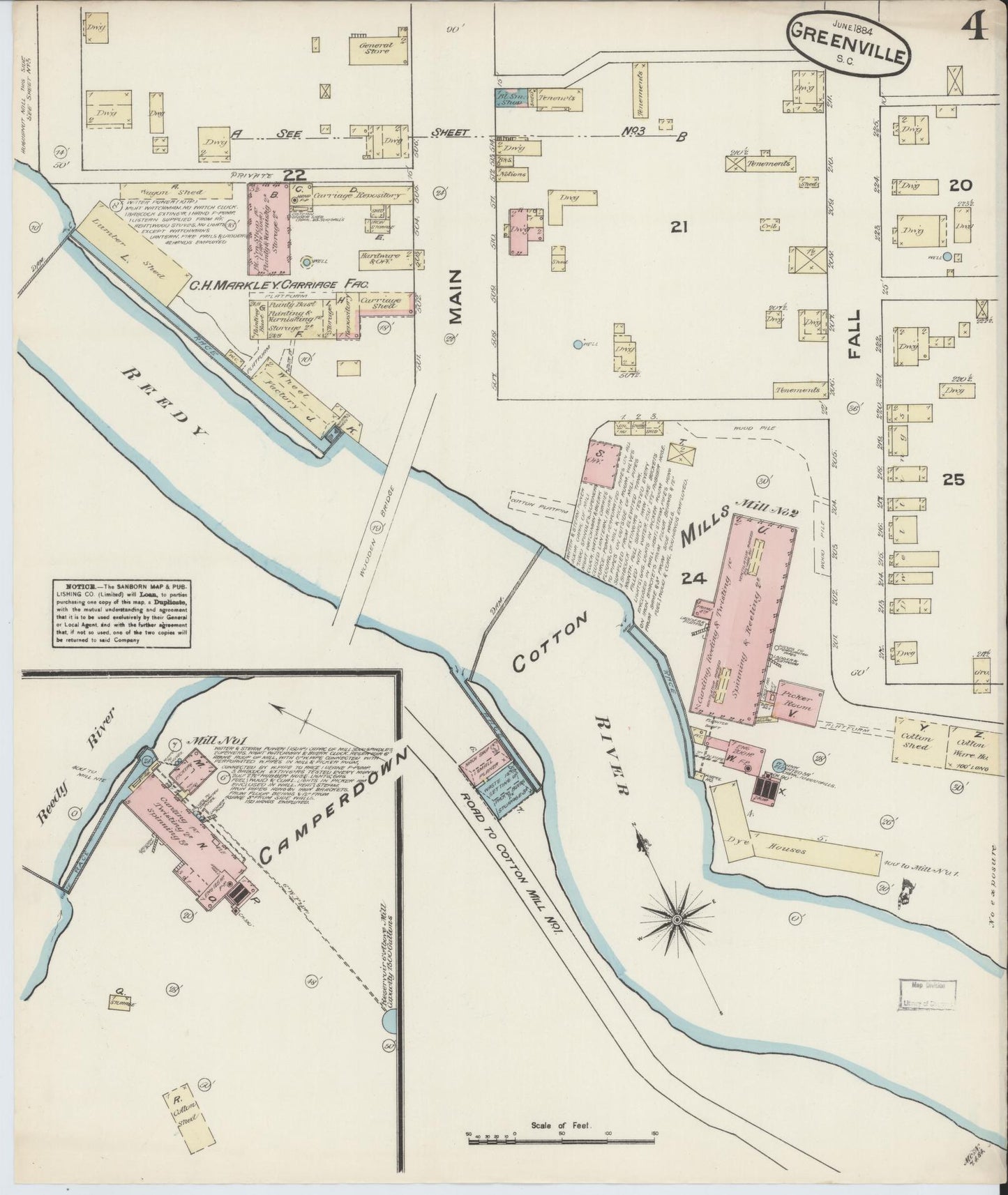 Sanborn Fire Insurance Map from Greenville, Greenville County, South Carolina (1884), Sheet #0004 - Historic Sanborn Fire Insurance Map Print, vintage old map wall art, antique decor, genealogy gift, South Carolina South Carolina map