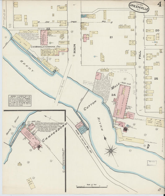 Sanborn Fire Insurance Map from Greenville, Greenville County, South Carolina (1884), Sheet #0004 - Historic Sanborn Fire Insurance Map Print, vintage old map wall art, antique decor, genealogy gift, South Carolina South Carolina map