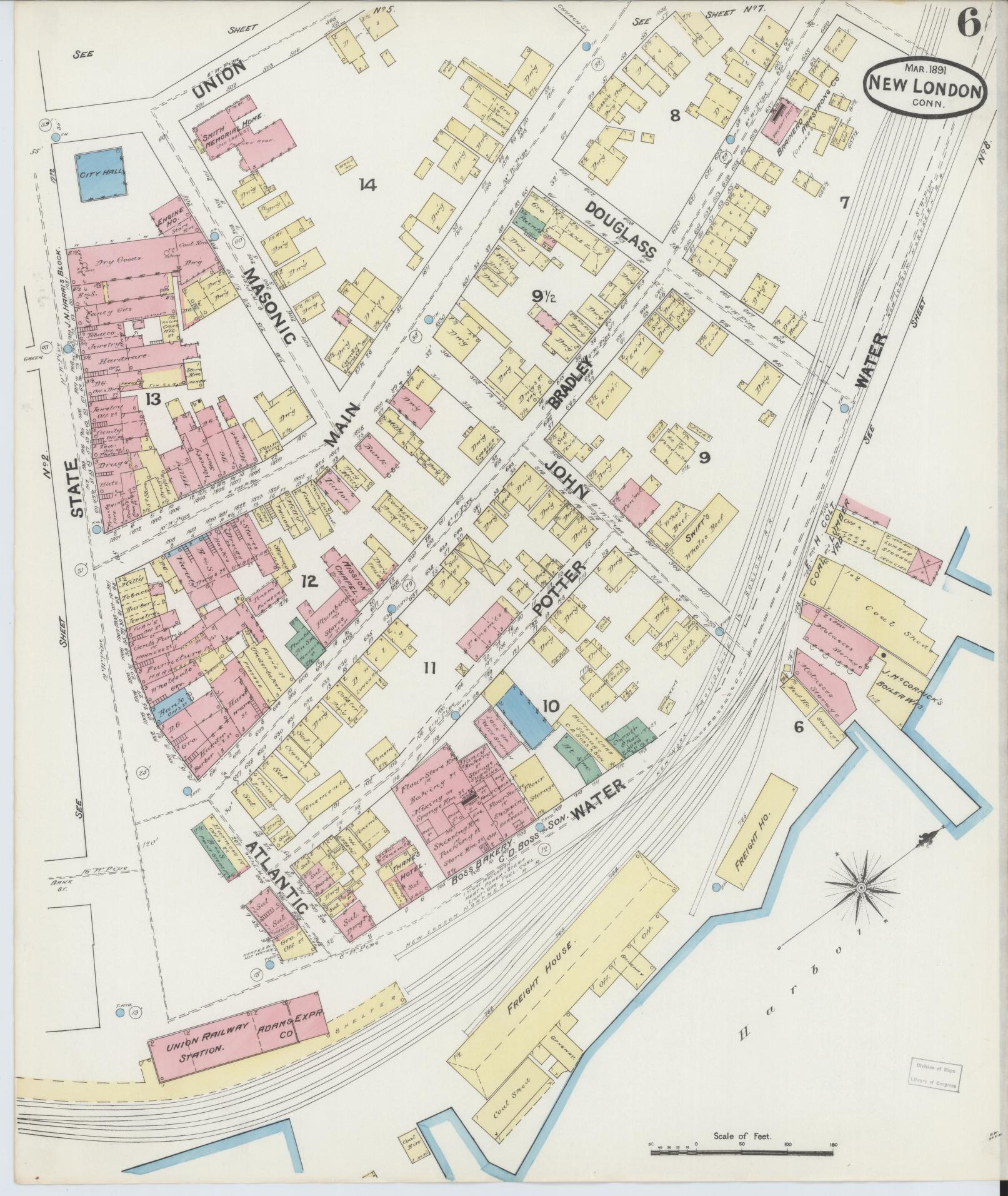 Sanborn Fire Insurance Map from New London, New London County, Connecticut (1891), Sheet #0006 - Complete Map Set gallery image, historic Sanborn map, vintage wall art, Connecticut Connecticut