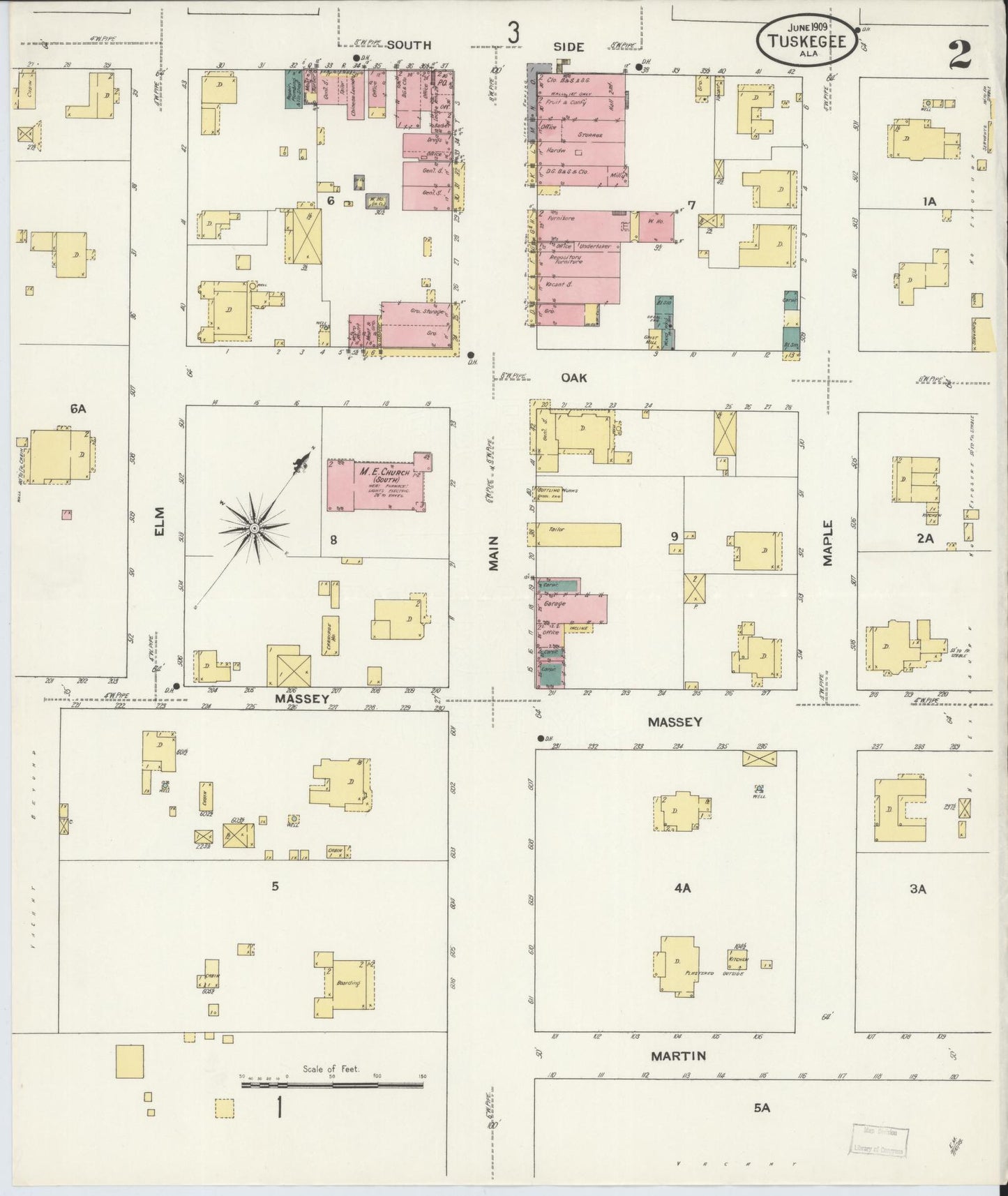 Sanborn Fire Insurance Map from Tuskegee, Macon County, Alabama (1909), Sheet #0002 - Complete Map Set gallery image, historic Sanborn map, vintage wall art, Alabama Alabama