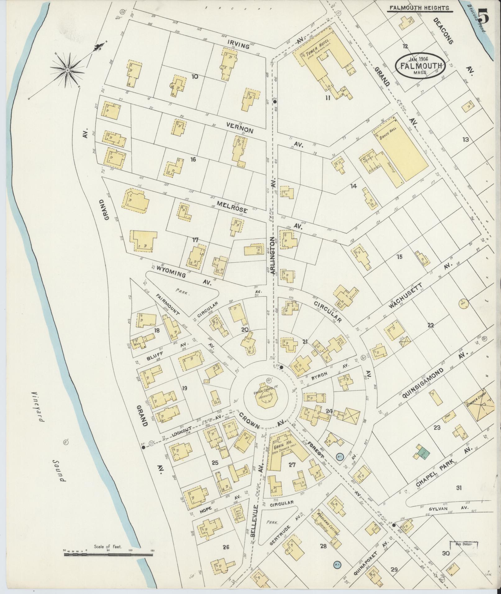 Sanborn Fire Insurance Map from Falmouth, Barnstable County, Massachusetts (1906), Sheet #0005 - Complete Map Set gallery image, historic Sanborn map, vintage wall art, Massachusetts Massachusetts