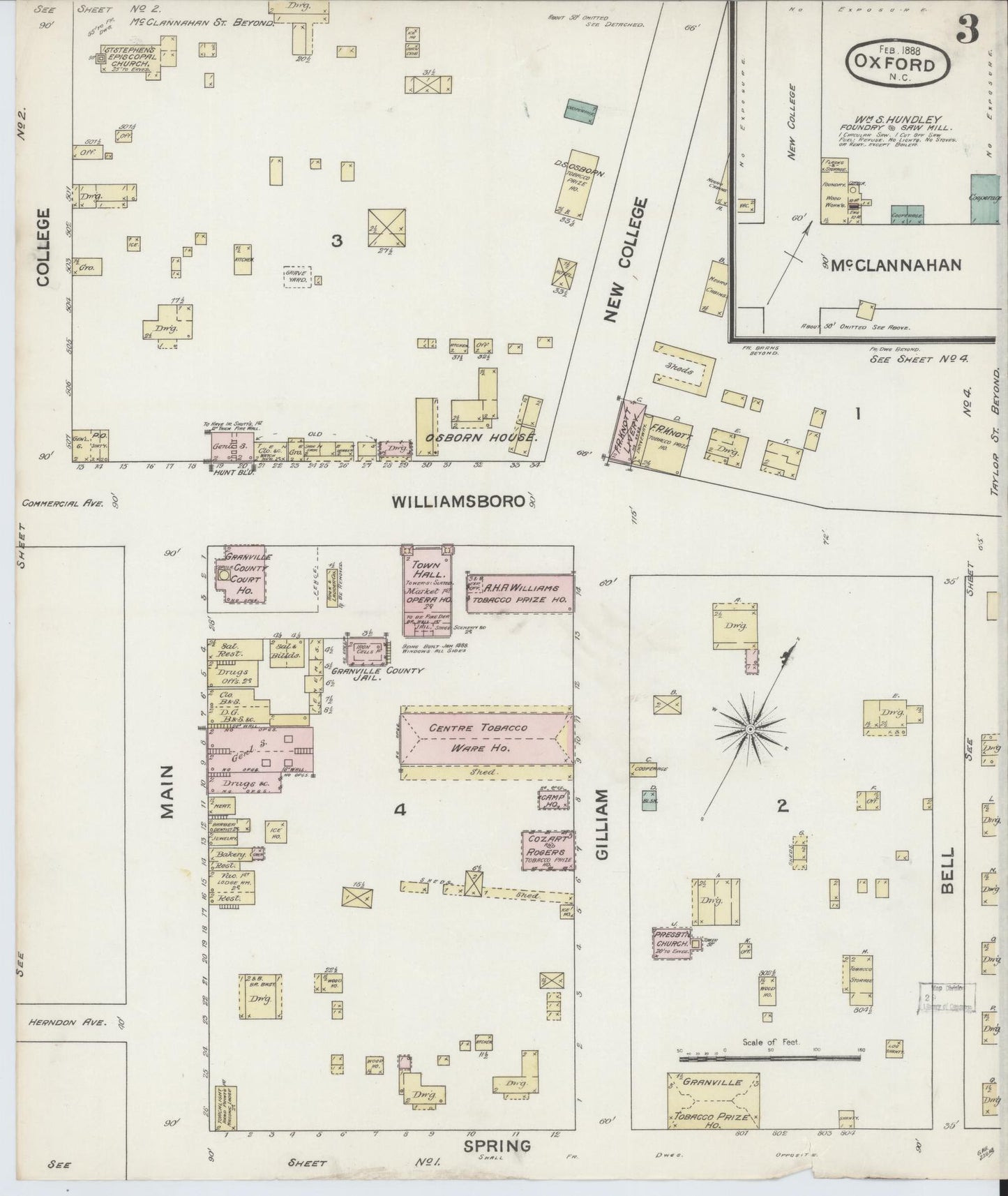 Sanborn Fire Insurance Map from Oxford, Granville County, North Carolina (1888), Sheet #0003 - Complete Map Set gallery image, historic Sanborn map, vintage wall art, North Carolina North Carolina