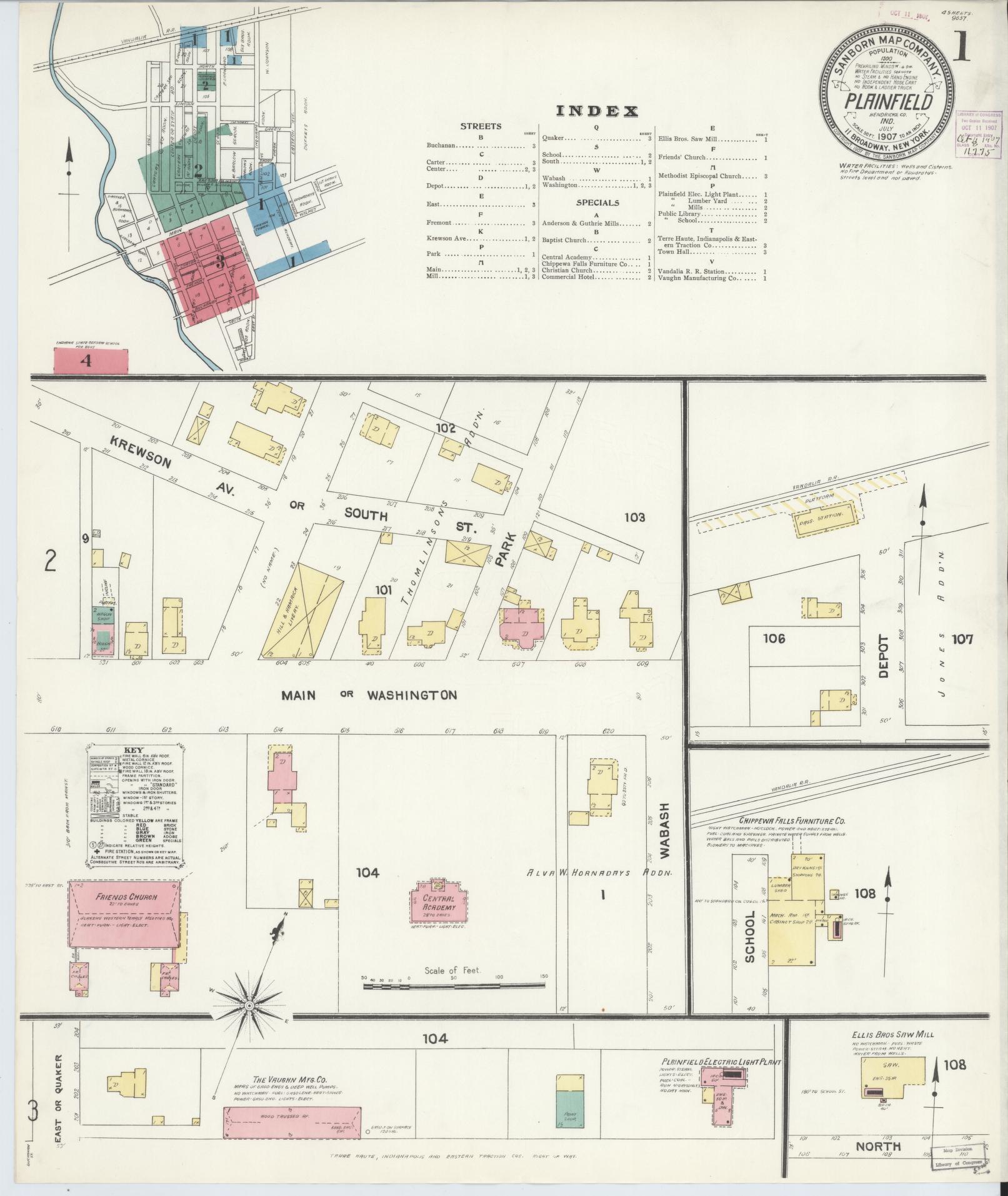 Sanborn Fire Insurance Map from Plainfield, Hendricks County, Indiana (1907), Sheet #0001 - Historic Sanborn Fire Insurance Map Print, vintage old map wall art, antique decor, genealogy gift, Indiana Indiana map