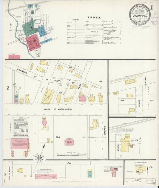 Sanborn Fire Insurance Map from Plainfield, Hendricks County, Indiana (1907), Sheet #0001 - Historic Sanborn Fire Insurance Map Print, vintage old map wall art, antique decor, genealogy gift, Indiana Indiana map