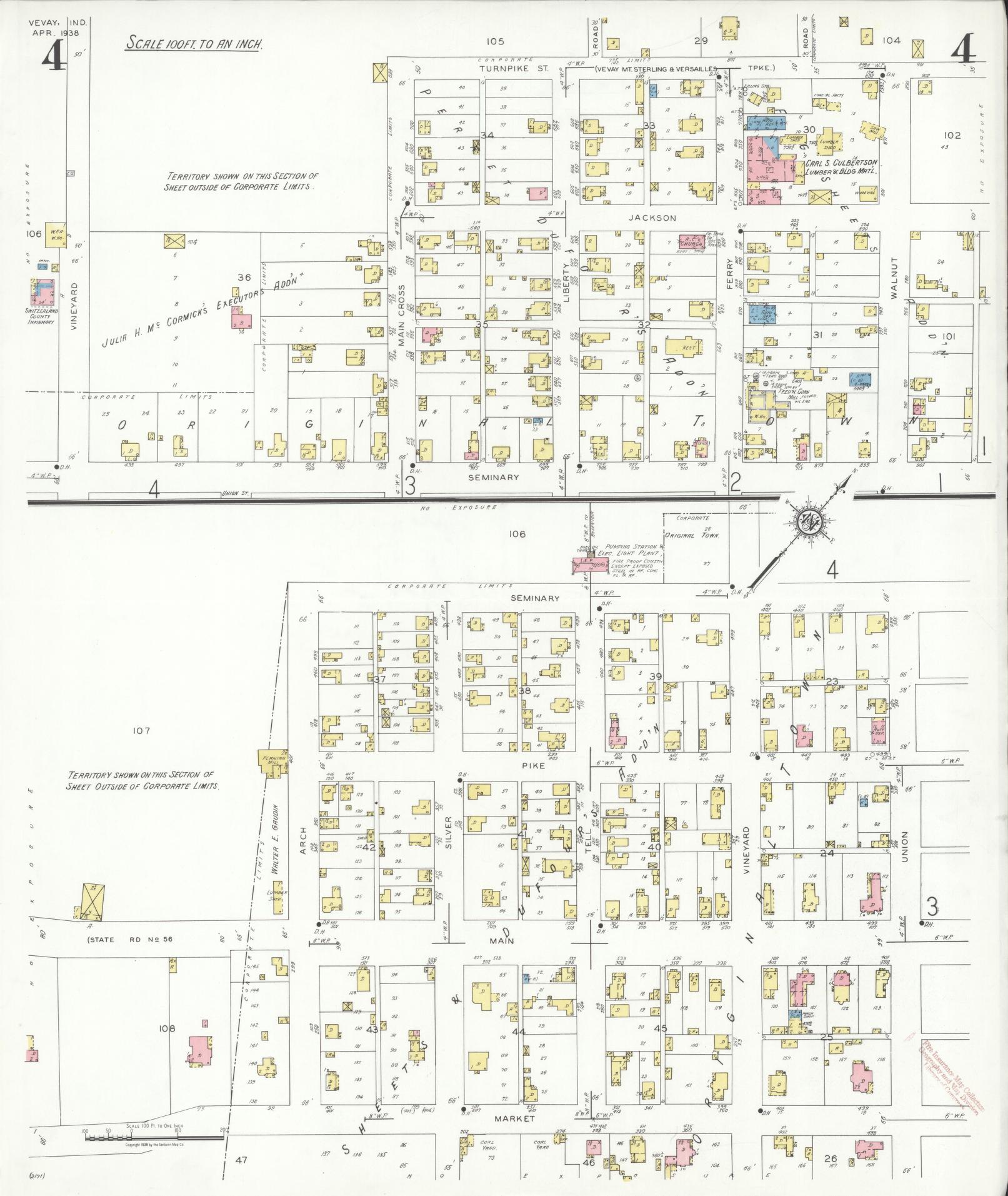 Sanborn Fire Insurance Map from Vevay, Switzerland County, Indiana (1938), Sheet #0004 - Complete Map Set gallery image, historic Sanborn map, vintage wall art, Indiana Indiana