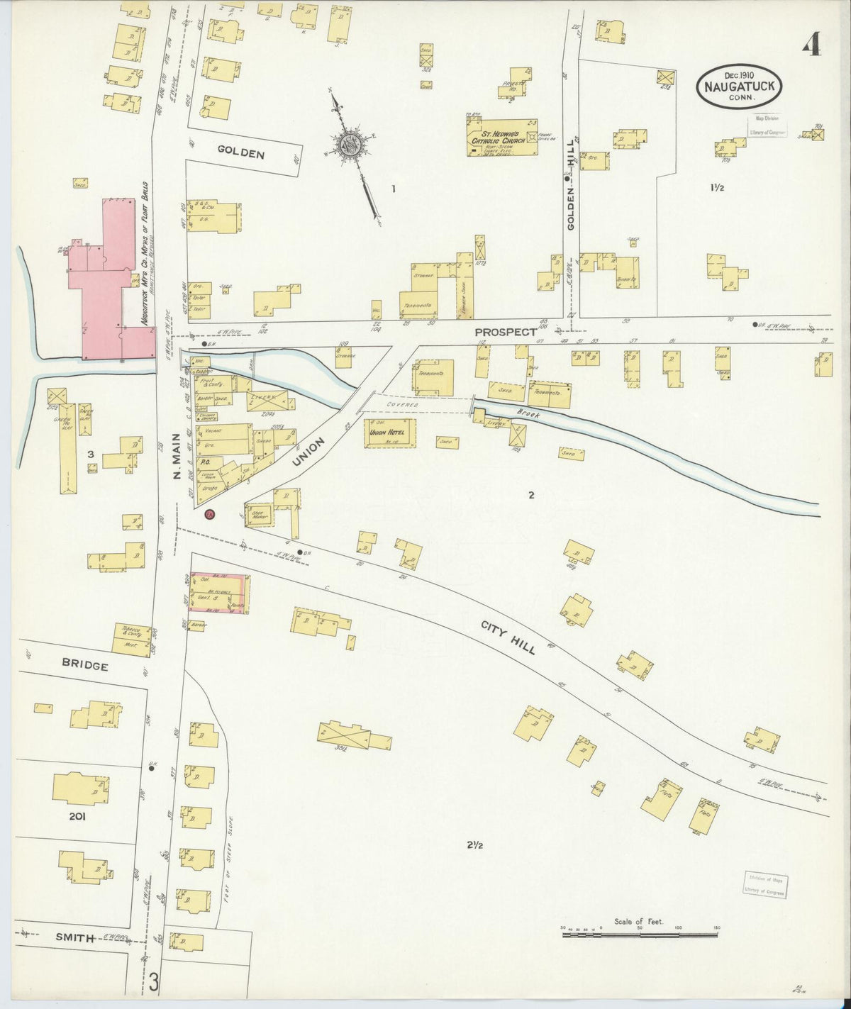 Sanborn Fire Insurance Map from Naugatuck, New Haven County, Connecticut (1910), Sheet #0004 - Historic Sanborn Fire Insurance Map Print, vintage old map wall art, antique decor, genealogy gift, Connecticut Connecticut map