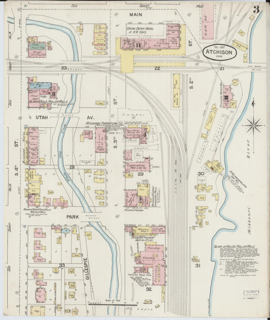Sanborn Fire Insurance Map from Atchison, Atchison County, Kansas (1887), Sheet #0003 - Historic Sanborn Fire Insurance Map Print, vintage old map wall art, antique decor, genealogy gift, Kansas Kansas map