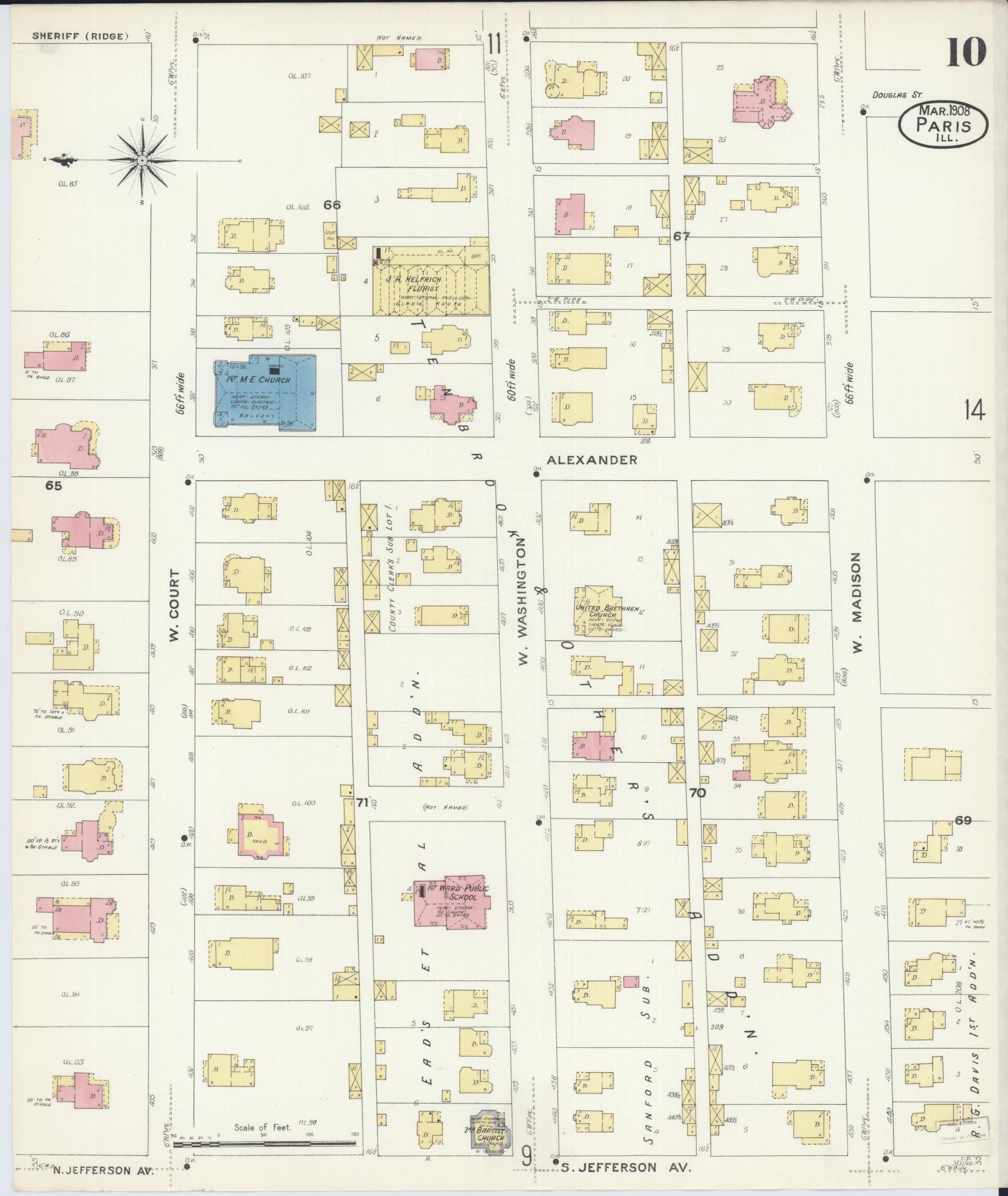 Sanborn Fire Insurance Map from Paris, Edgar County, Illinois (1908), Sheet #0010 - Historic Sanborn Fire Insurance Map Print, vintage old map wall art, antique decor, genealogy gift, Illinois Illinois map
