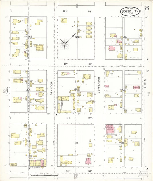 Sanborn Fire Insurance Map from Boise, Ada County, Idaho (1893), Sheet #0008 - Historic Sanborn Fire Insurance Map Print, vintage old map wall art, antique decor, genealogy gift, Idaho Idaho map