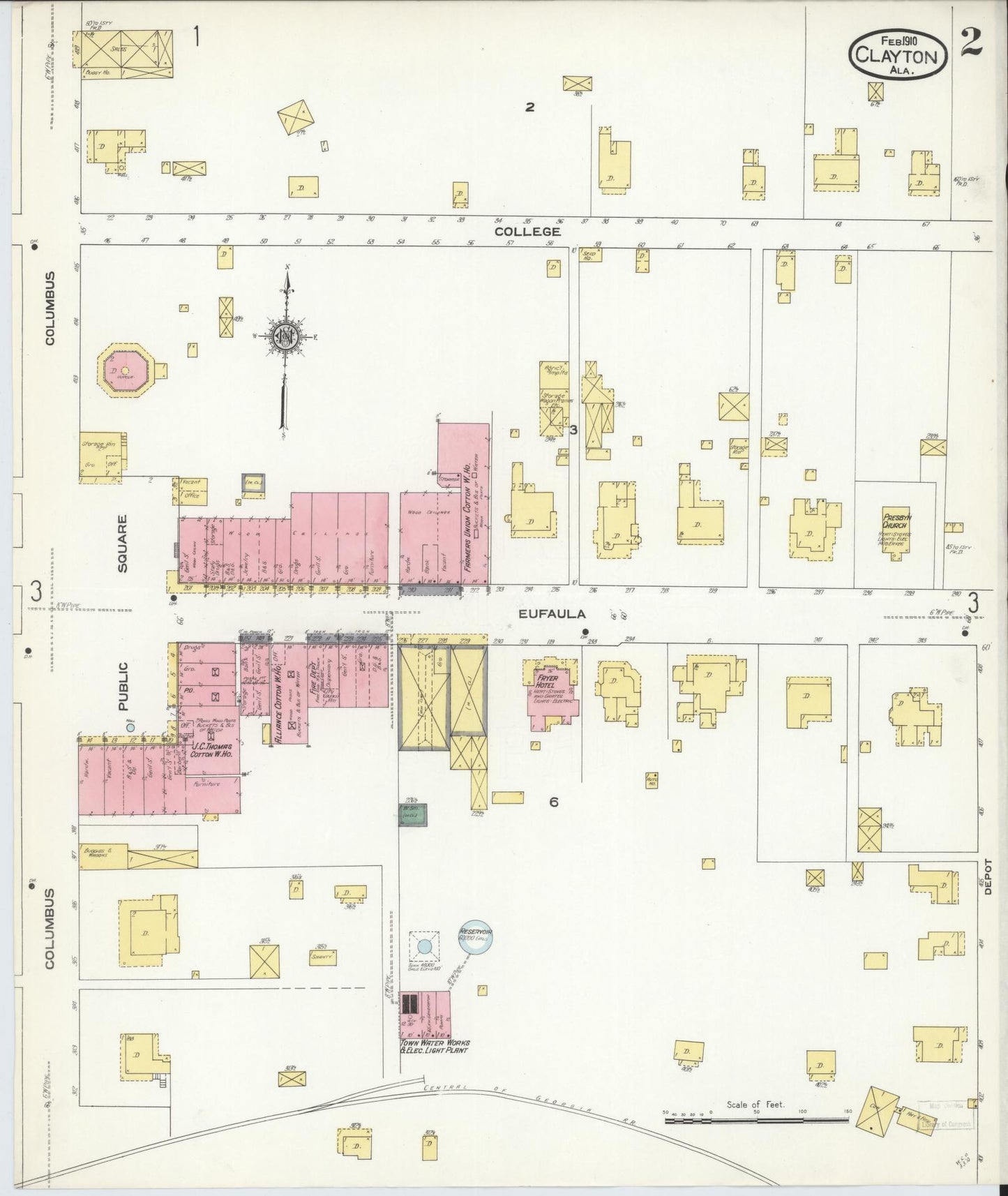 Sanborn Fire Insurance Map from Clayton, Barbour County, Alabama (1910), Sheet #0002 - Historic Sanborn Fire Insurance Map Print, vintage old map wall art, antique decor, genealogy gift, Alabama Alabama map