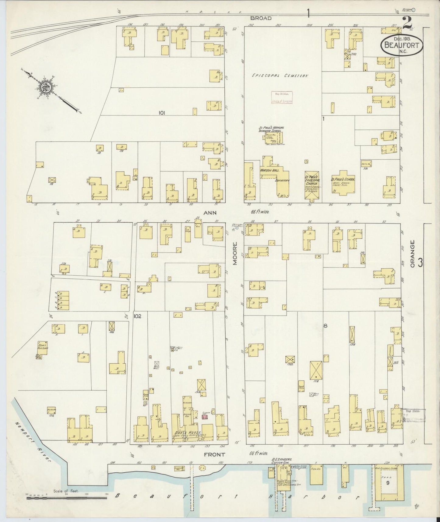 Sanborn Fire Insurance Map from Beaufort, Carteret County, North Carolina (1913), Sheet #0002 - Complete Map Set gallery image, historic Sanborn map, vintage wall art, North Carolina North Carolina