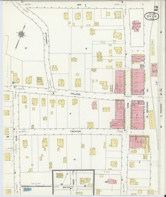 Sanborn Fire Insurance Map from Dyer, Gibson County, Tennessee (1912), Sheet #0002 - Historic Sanborn Fire Insurance Map Print, vintage old map wall art, antique decor, genealogy gift, Tennessee Tennessee map