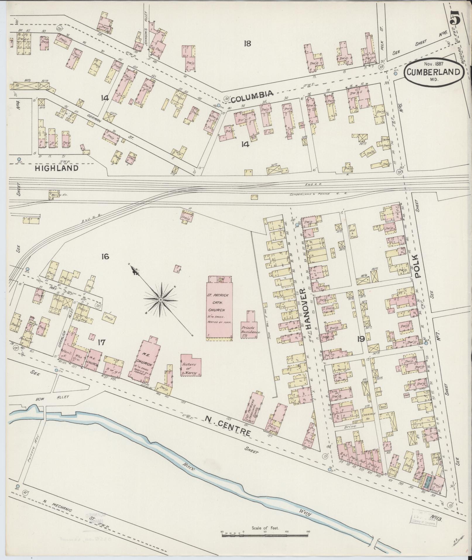 Sanborn Fire Insurance Map from Cumberland, Allegany County, Maryland (1887), Sheet #0005 - Historic Sanborn Fire Insurance Map Print, vintage old map wall art, antique decor, genealogy gift, Maryland Maryland map
