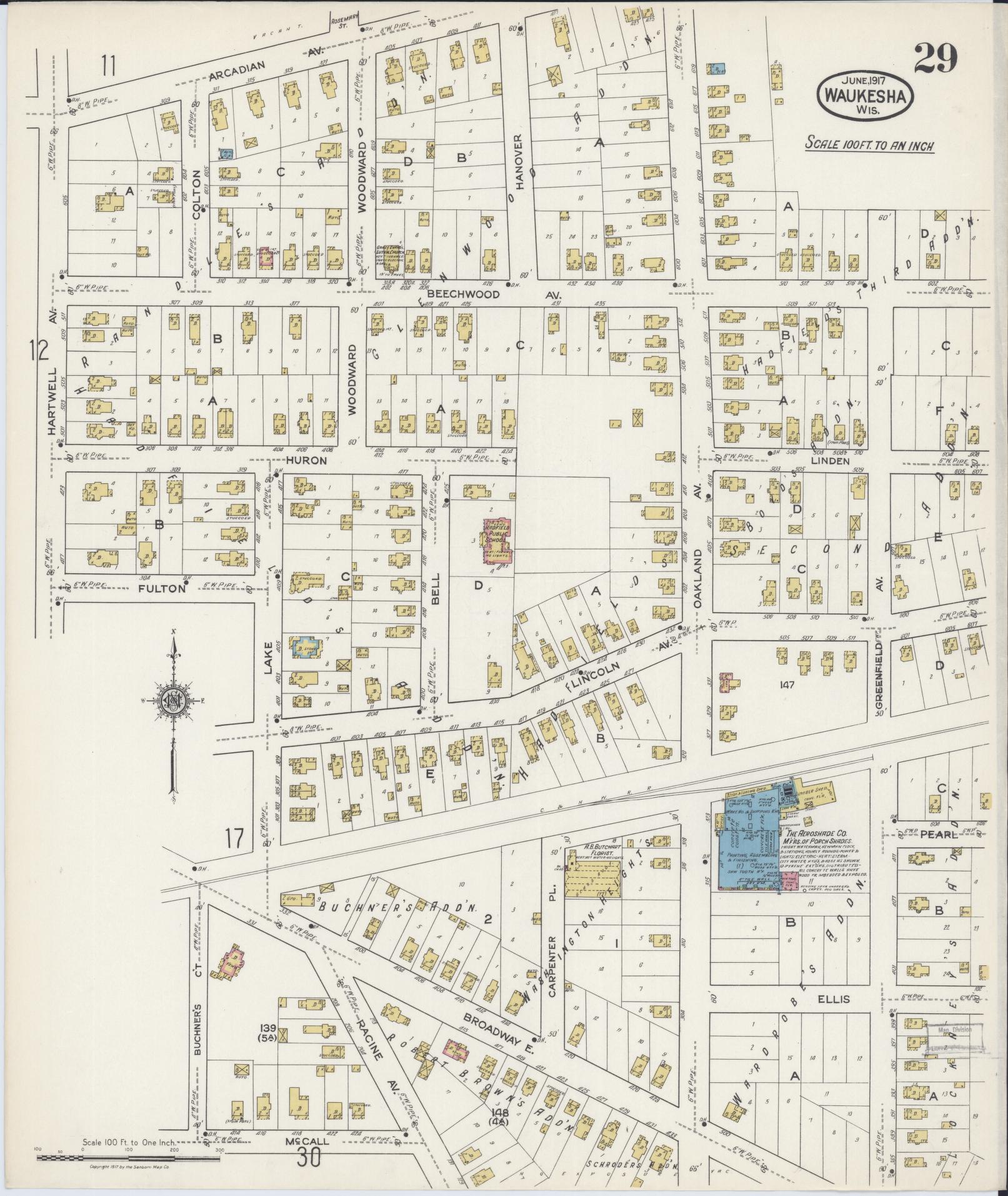 Sanborn Fire Insurance Map from Waukesha, Waukesha County, Wisconsin (1917), Sheet #0029 - Historic Sanborn Fire Insurance Map Print, vintage old map wall art, antique decor, genealogy gift, Wisconsin Wisconsin map