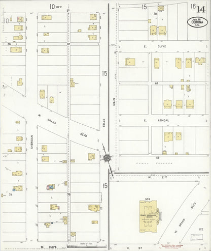 Sanborn Fire Insurance Map from Corona, Riverside County, California (1911), Sheet #0014 - Complete Map Set gallery image, historic Sanborn map, vintage wall art, California California