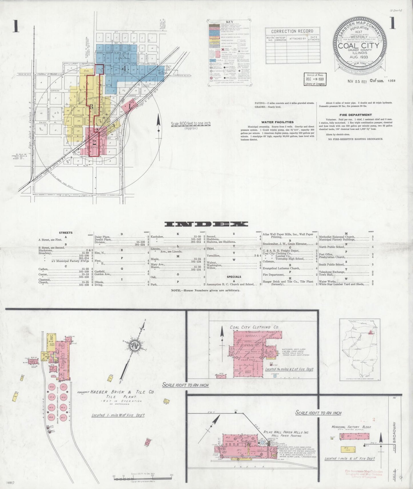 Sanborn Fire Insurance Map from Coal City, Grundy County, Illinois (1933), Sheet #0001 - Complete Map Set gallery image, historic Sanborn map, vintage wall art, Illinois Illinois