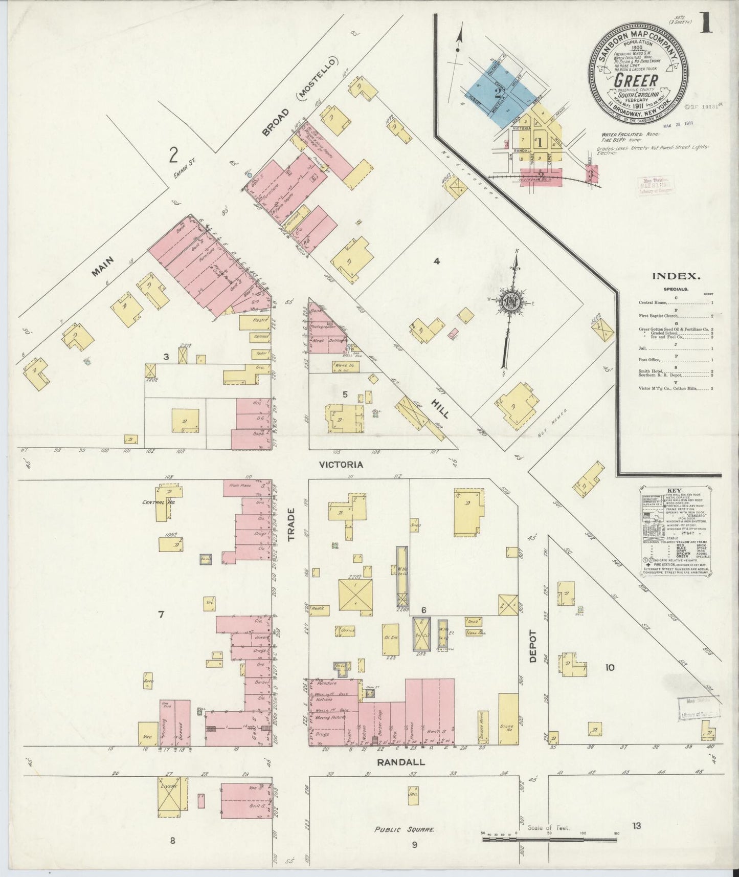 Sanborn Fire Insurance Map from Greer, Greenville and Spartanburg Counties, South Carolina (1911), Sheet #0001 - Complete Map Set gallery image, historic Sanborn map, vintage wall art, South Carolina South Carolina