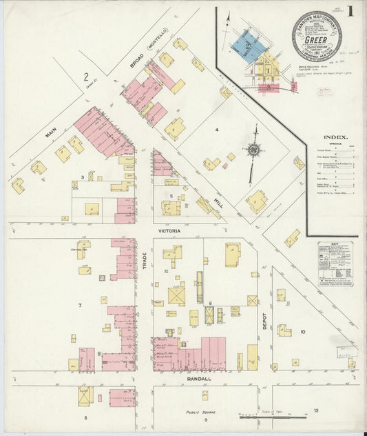 Sanborn Fire Insurance Map from Greer, Greenville and Spartanburg Counties, South Carolina (1911), Sheet #0001 - Complete Map Set gallery image, historic Sanborn map, vintage wall art, South Carolina South Carolina