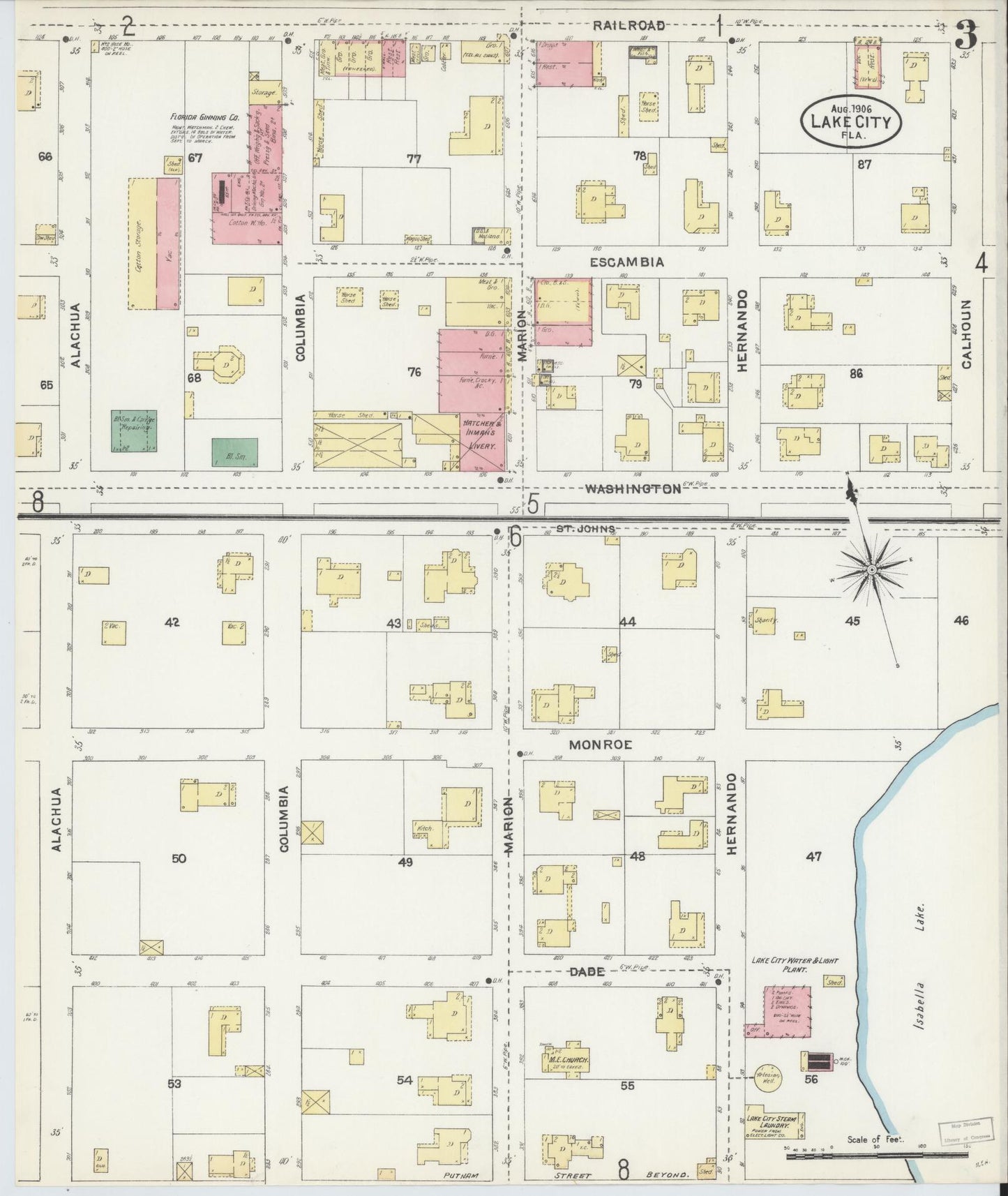 Sanborn Fire Insurance Map from Lake City, Columbia County, Florida (1906), Sheet #0003 - Complete Map Set gallery image, historic Sanborn map, vintage wall art, Florida Florida