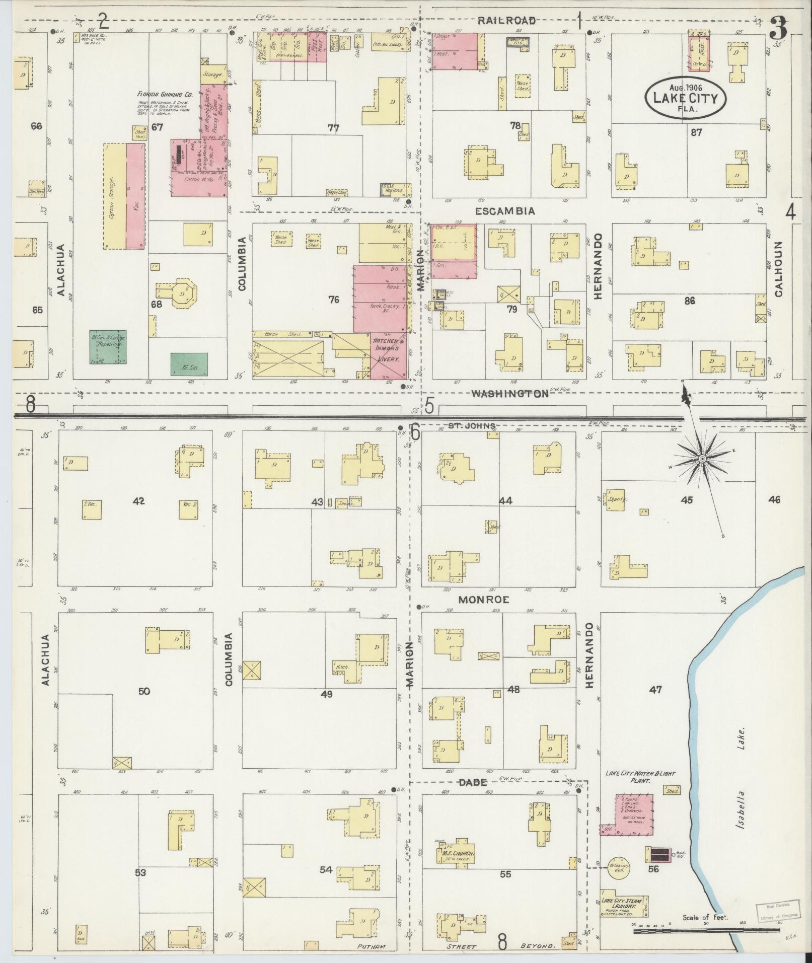 Sanborn Fire Insurance Map from Lake City, Columbia County, Florida (1906), Sheet #0003 - Complete Map Set gallery image, historic Sanborn map, vintage wall art, Florida Florida