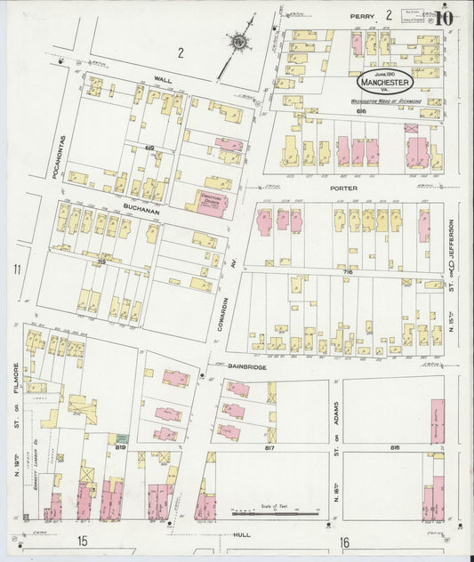 Sanborn Fire Insurance Map from Manchester, Chesterfield County, Virginia (1910), Sheet #0010 - Historic Sanborn Fire Insurance Map Print, vintage old map wall art, antique decor, genealogy gift, Virginia Virginia map