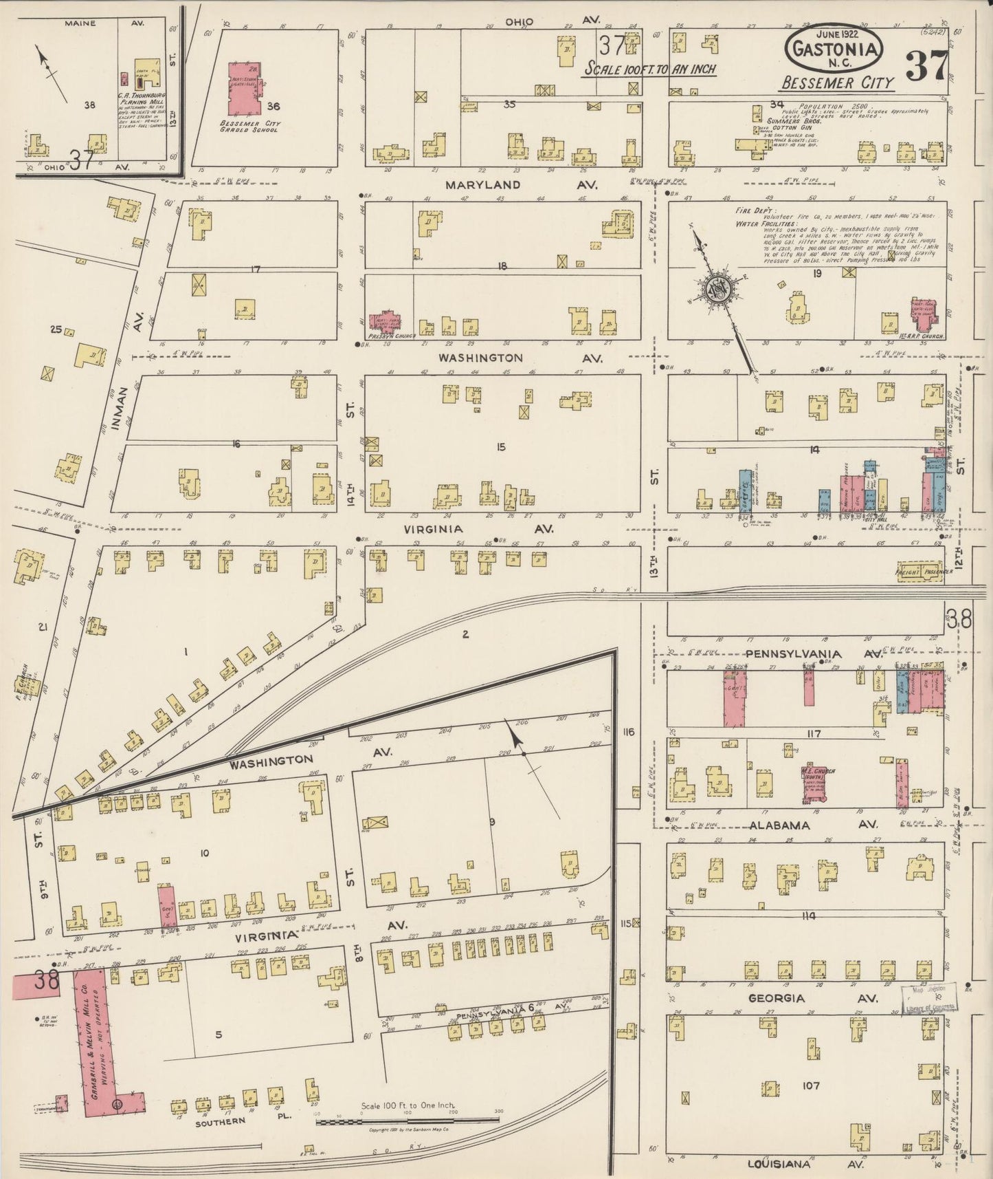 Sanborn Fire Insurance Map from Gastonia, Gaston County, North Carolina (1922), Sheet #0037 - Complete Map Set gallery image, historic Sanborn map, vintage wall art, North Carolina North Carolina
