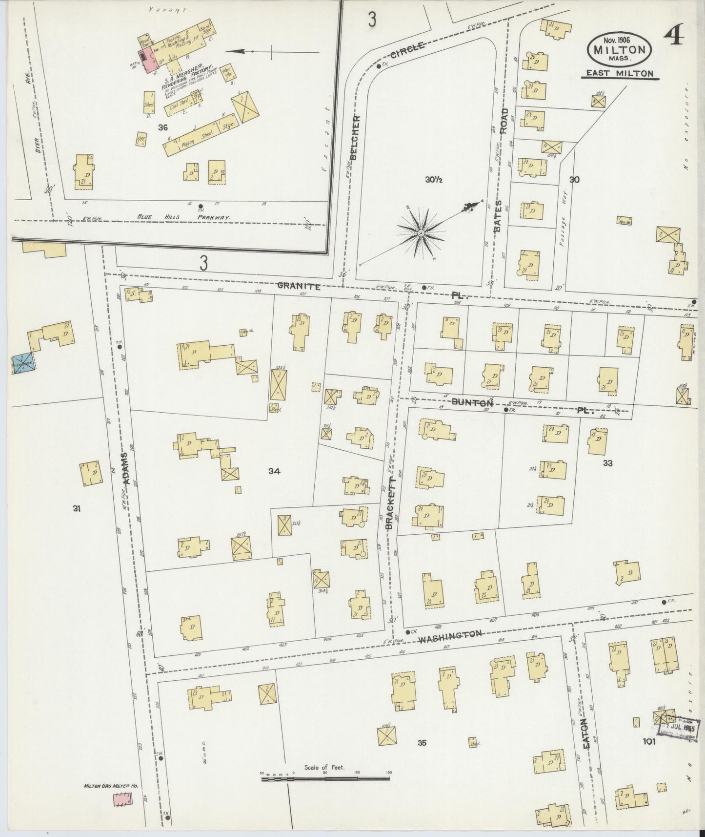 Sanborn Fire Insurance Map from Milton, Norfolk County, Massachusetts (1906), Sheet #0004 - Historic Sanborn Fire Insurance Map Print, vintage old map wall art, antique decor, genealogy gift, Massachusetts Massachusetts map