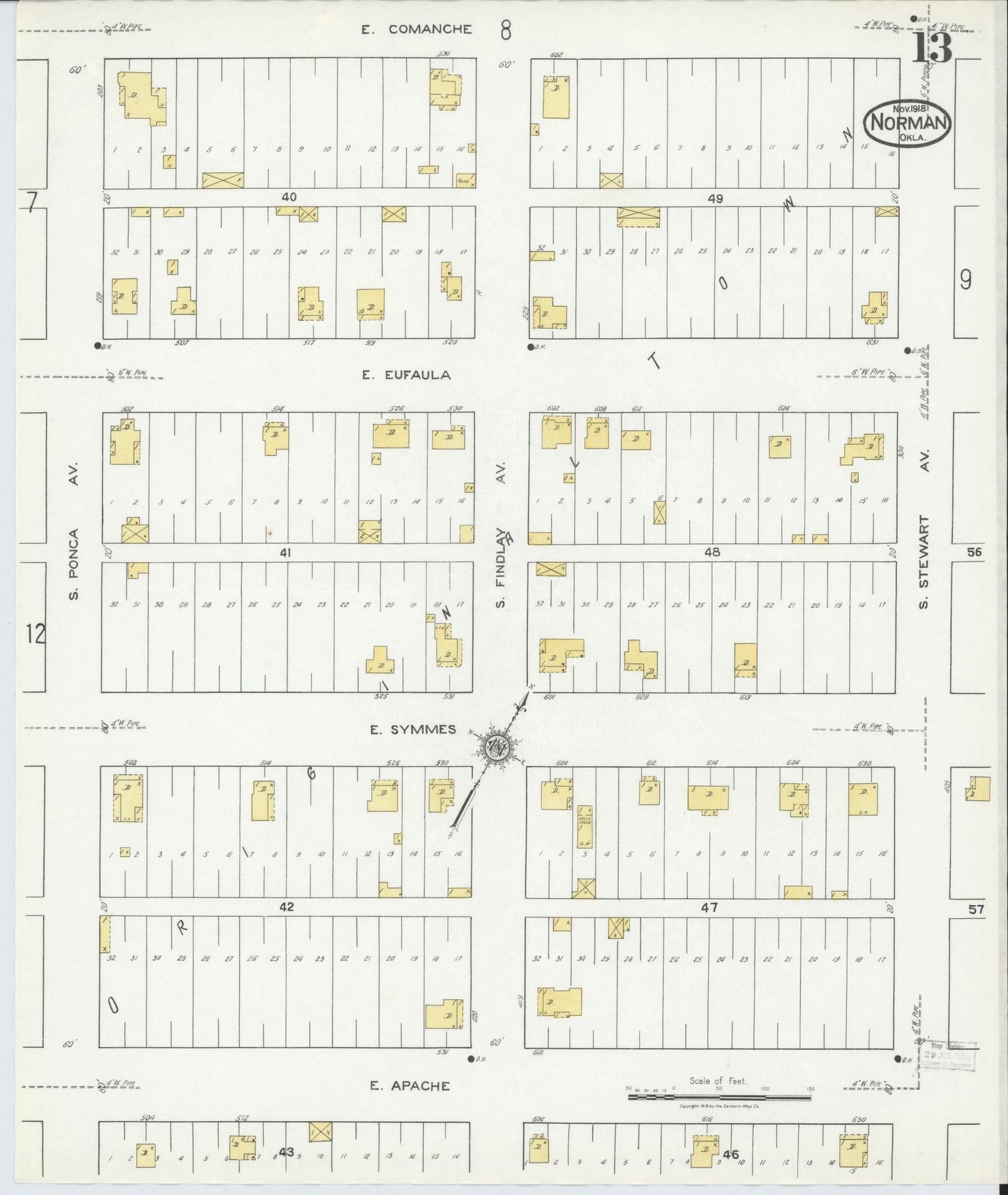 Sanborn Fire Insurance Map from Norman, Cleveland County, Oklahoma (1918), Sheet #0013 - Complete Map Set gallery image, historic Sanborn map, vintage wall art, Oklahoma Oklahoma