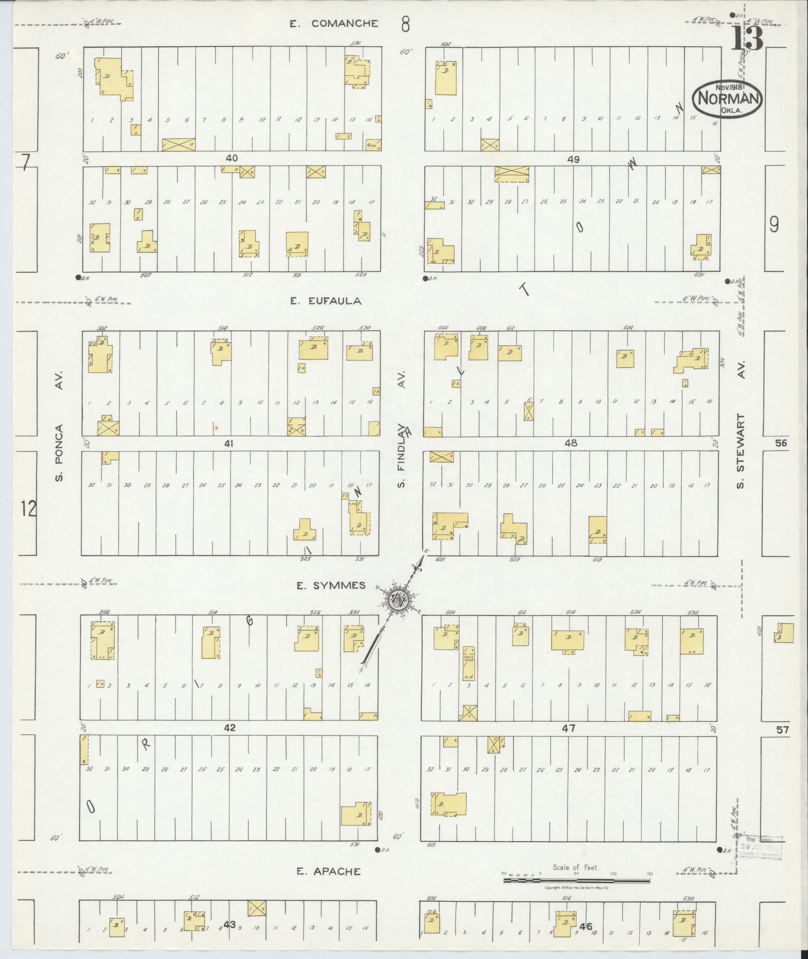 Sanborn Fire Insurance Map from Norman, Cleveland County, Oklahoma (1918), Sheet #0013 - Complete Map Set gallery image, historic Sanborn map, vintage wall art, Oklahoma Oklahoma
