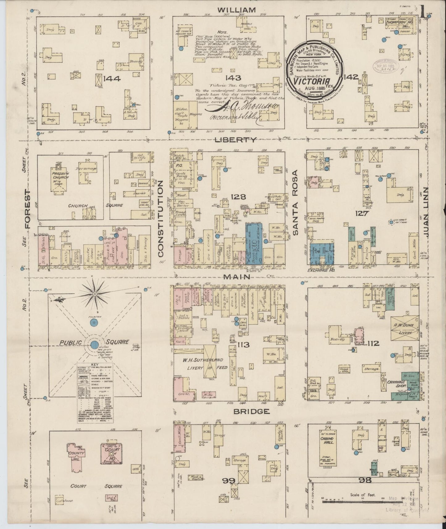 Sanborn Fire Insurance Map from Victoria, Victoria County, Texas (1885), Sheet #0001 - Historic Sanborn Fire Insurance Map Print, vintage old map wall art, antique decor, genealogy gift, Texas Texas map