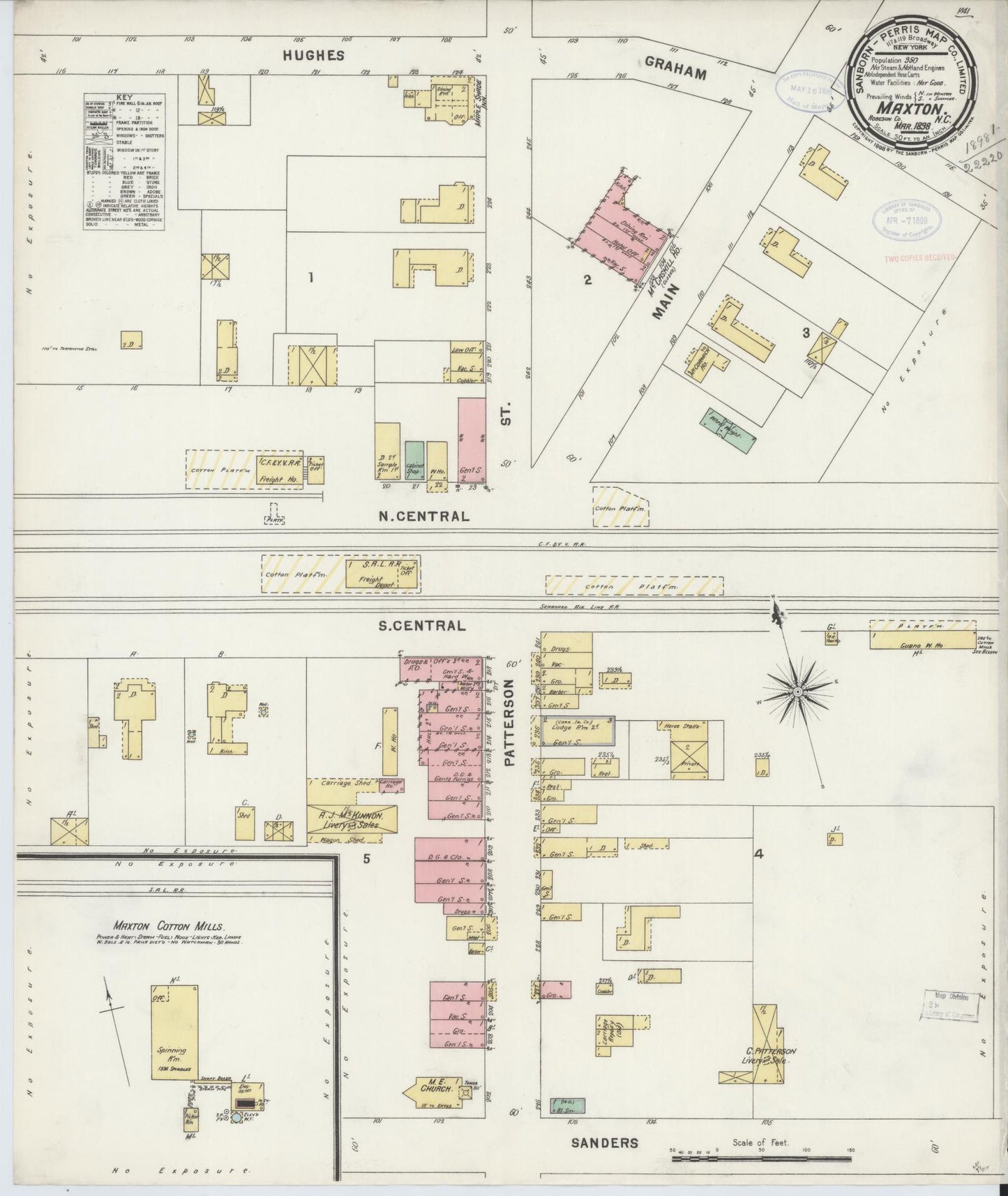 Sanborn Fire Insurance Map from Maxton, Robeson County, North Carolina (1898), Sheet #0001 - Historic Sanborn Fire Insurance Map Print, vintage old map wall art, antique decor, genealogy gift, North Carolina North Carolina map
