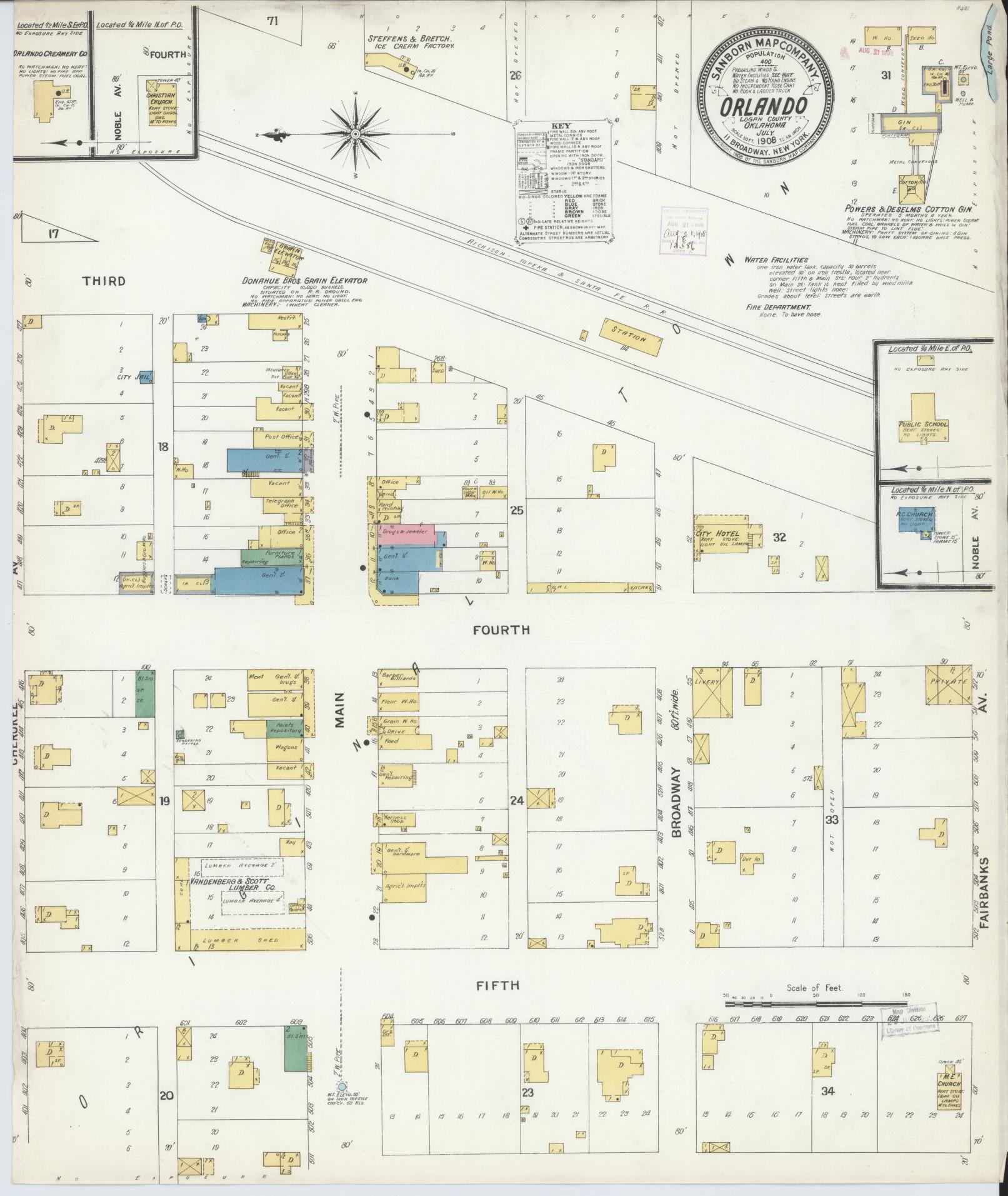 Sanborn Fire Insurance Map from Orlando, Logan County, Oklahoma (1908), Sheet #0001 - Historic Sanborn Fire Insurance Map Print, vintage old map wall art, antique decor, genealogy gift, Oklahoma Oklahoma map