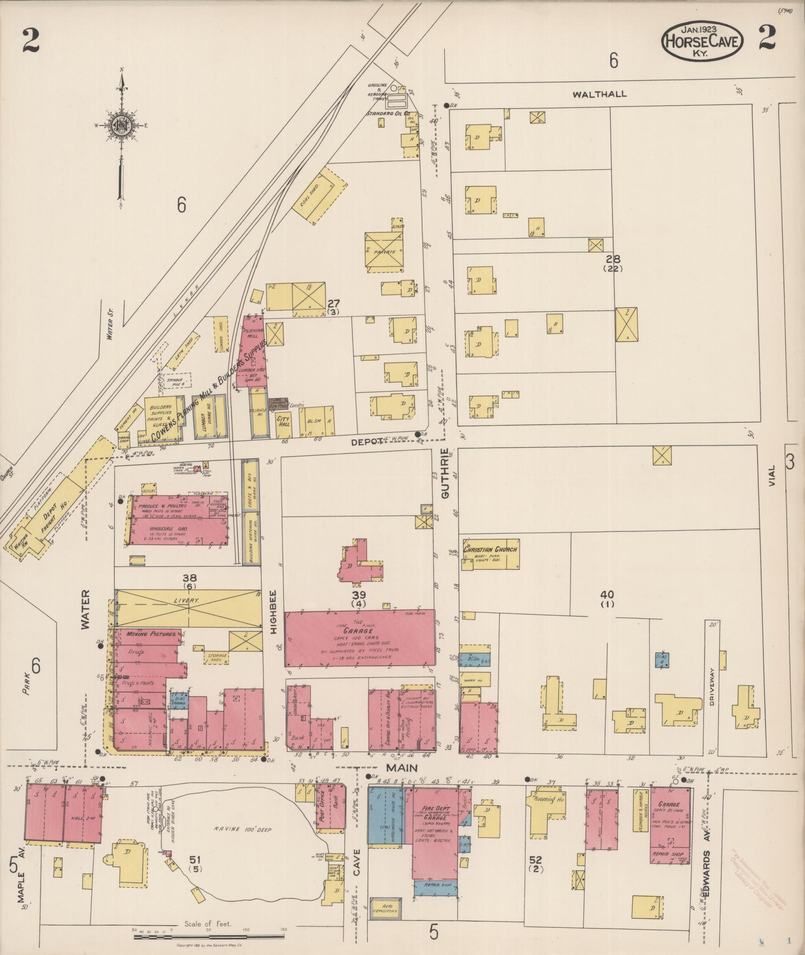 Sanborn Fire Insurance Map from Horse Cave, Hart County, Kentucky (1923), Sheet #0002 - Historic Sanborn Fire Insurance Map Print, vintage old map wall art, antique decor, genealogy gift, Kentucky Kentucky map